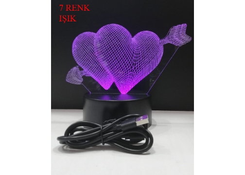 3D Işıklı İki Kalpli Gece Lambası Kumandalı