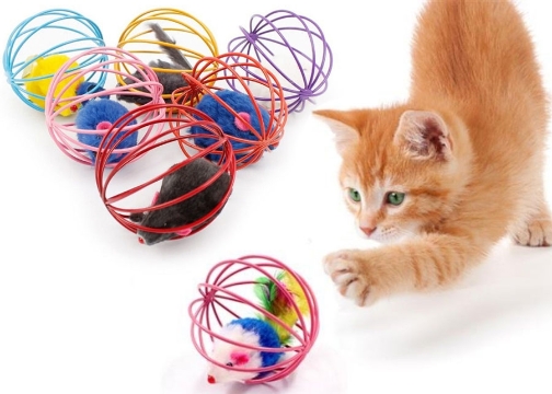 Metal Kafesli Peluş Fareli Kedi Köpek Oyuncağı Oyun Topu 6 cm