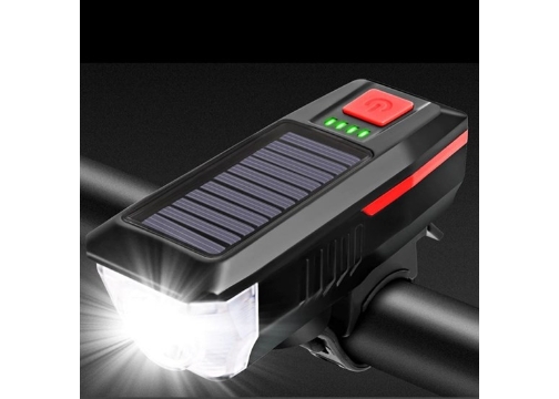 Solar Enerjili USB ile Şarj Edilebilir LED Bisiklet Feneri Kornalı ve Su Geçirmez Far