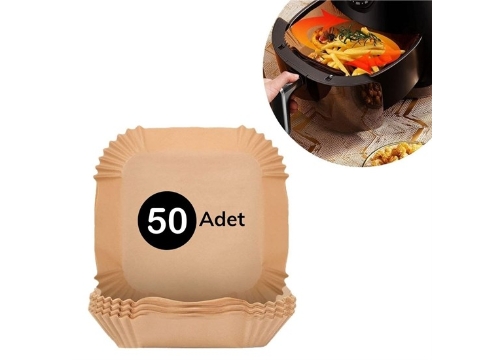 50 Adet Air Fryer Pişirme Kağıdı Tek Kullanımlık Kare Tabak Model