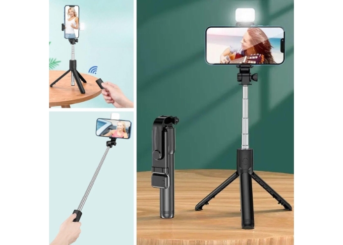 Kendiliğinden Işıklı Masaüstü Tripod Olabilen Telefon Tutuculu Kablosuz Kumandalı Selfie Çubuğu