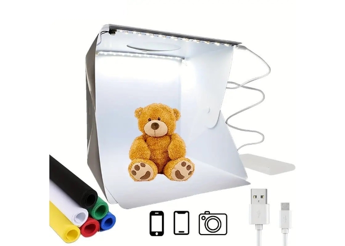 Katlanır Işıklı Fotoğraf Stüdyosu 40x40 cm 6 Renk Fonlu Ürün Çekimi İçin Uygun Fotoğraf Çekim Kutusu